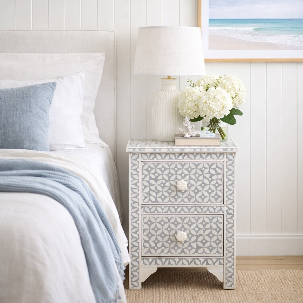 Bone Inlay Small 2 Drawer Bedside Chest : Starburst : Grey