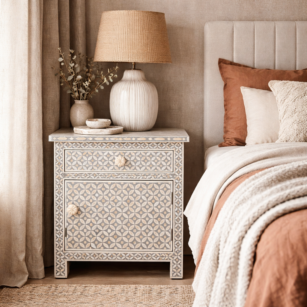 Bone Inlay Large Bedside Cabinet : Starburst : Grey