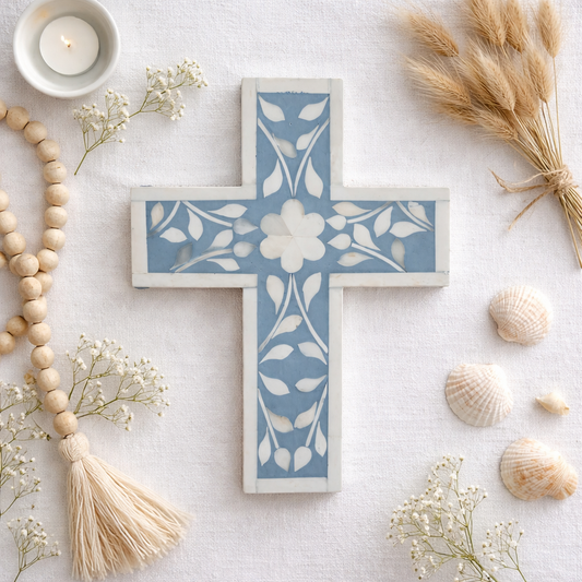 Bone Inlay Small Cross : Floral : Dusty Blue