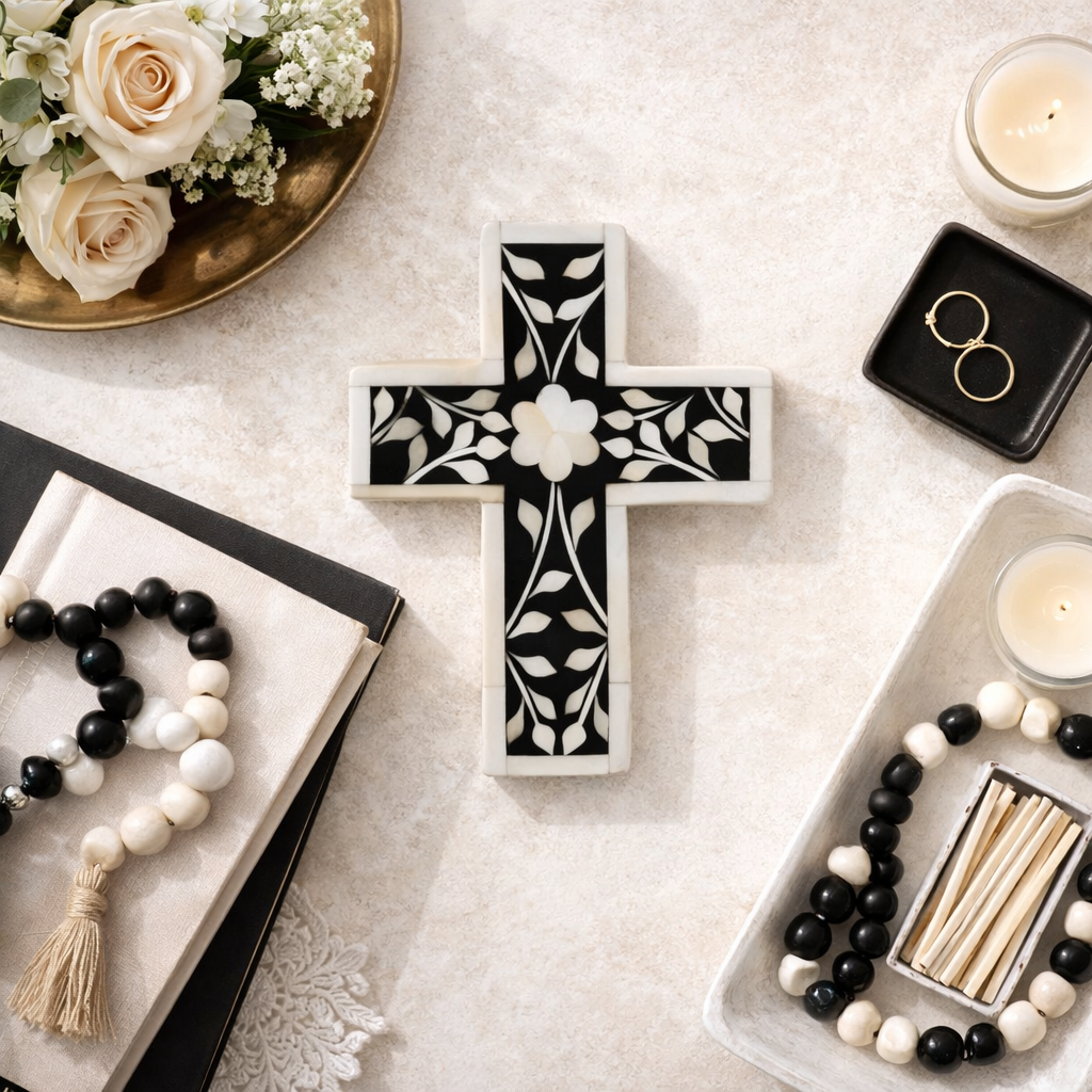 Bone Inlay Small Cross : Floral : Black