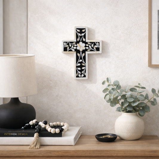 Bone Inlay Small Cross : Floral : Black