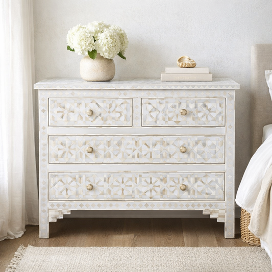 Bone Inlay 4 Drawer Chest : Zelliges : White