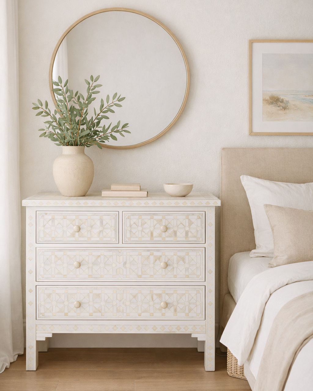Bone Inlay 4 Drawer Chest : Zelliges : White