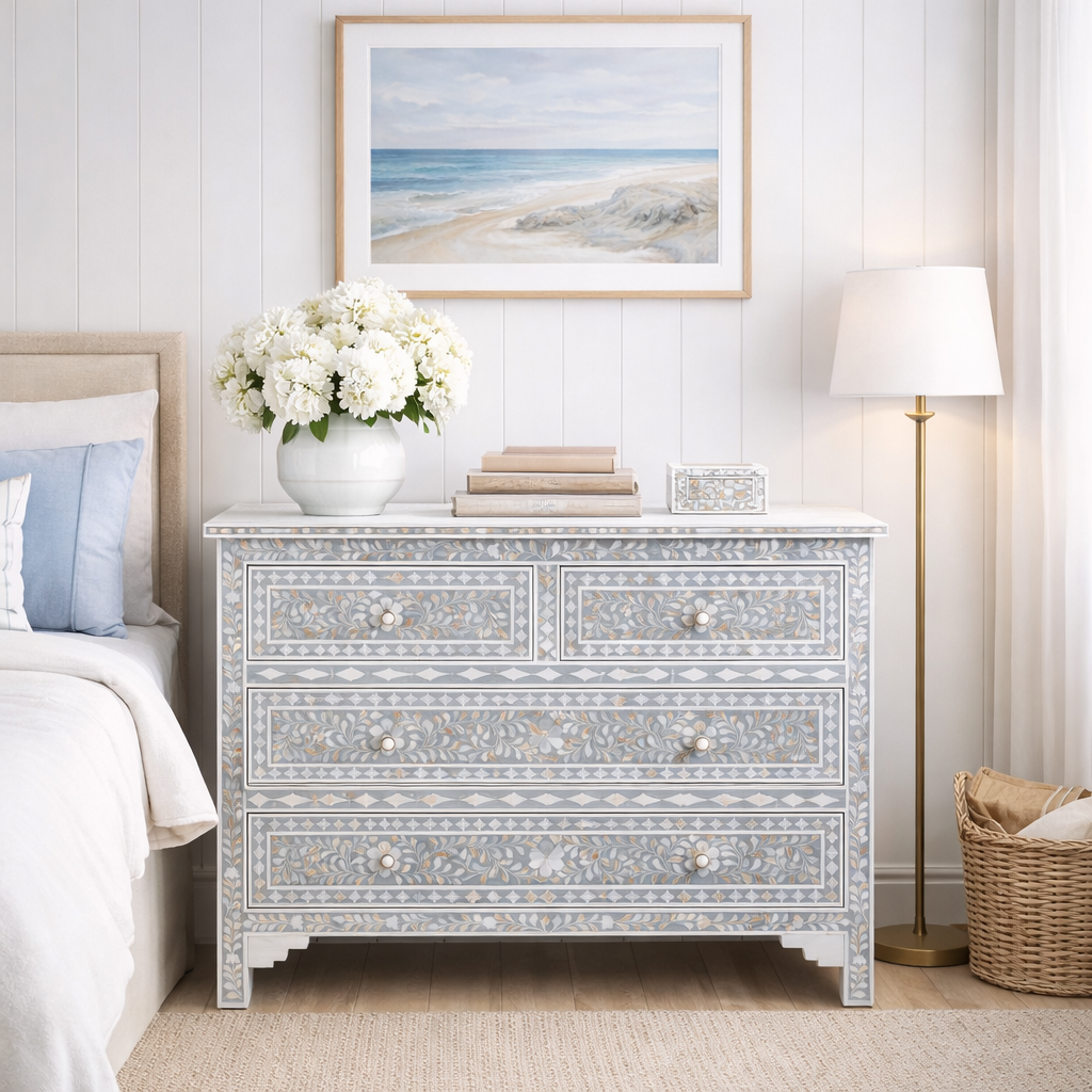 Mother of Pearl Inlay 4 Drawer Chest : Floral : Grey