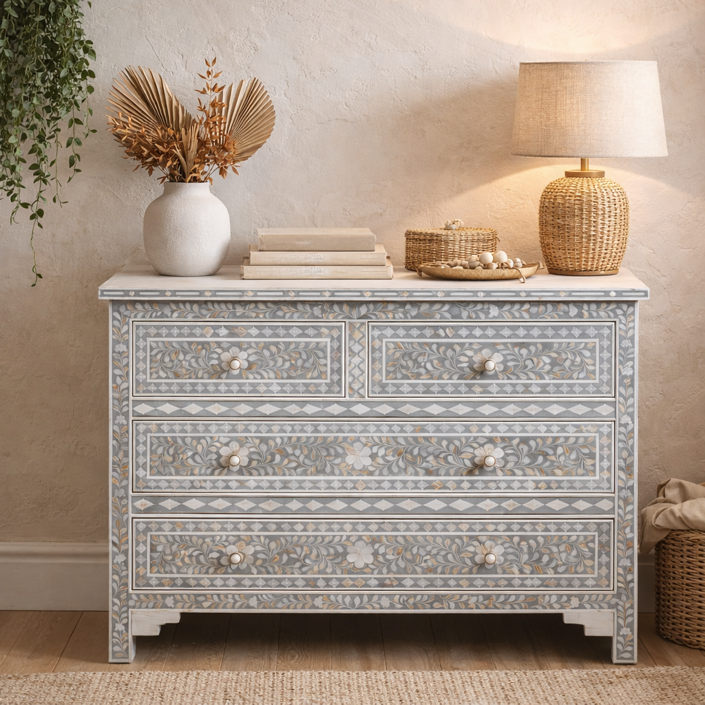 Mother of Pearl Inlay 4 Drawer Chest : Floral : Grey