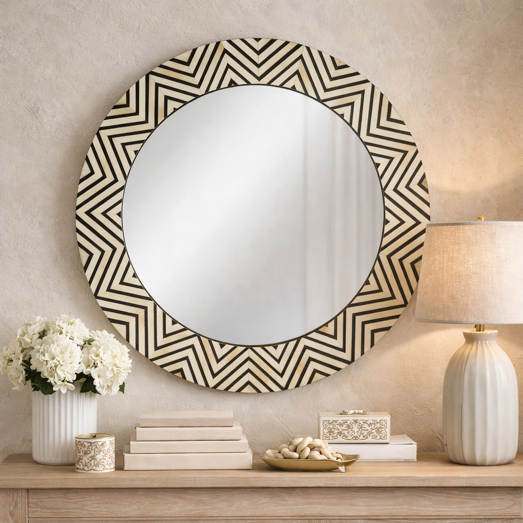 Bone Inlay Round Mirror : Zig Zag : Black