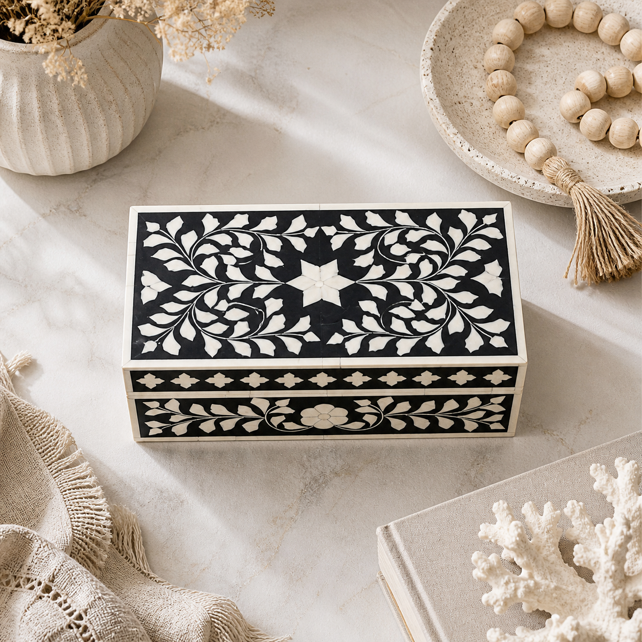 Bone Inlay Mid-Size Box : Floral : Black