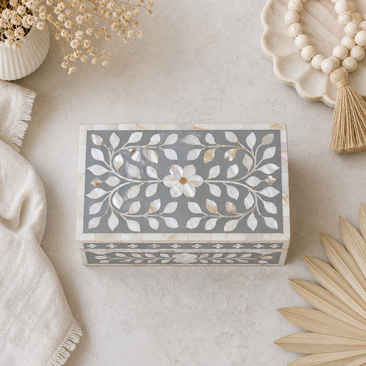 Bone Inlay Mid-Size Box : Floral : Grey