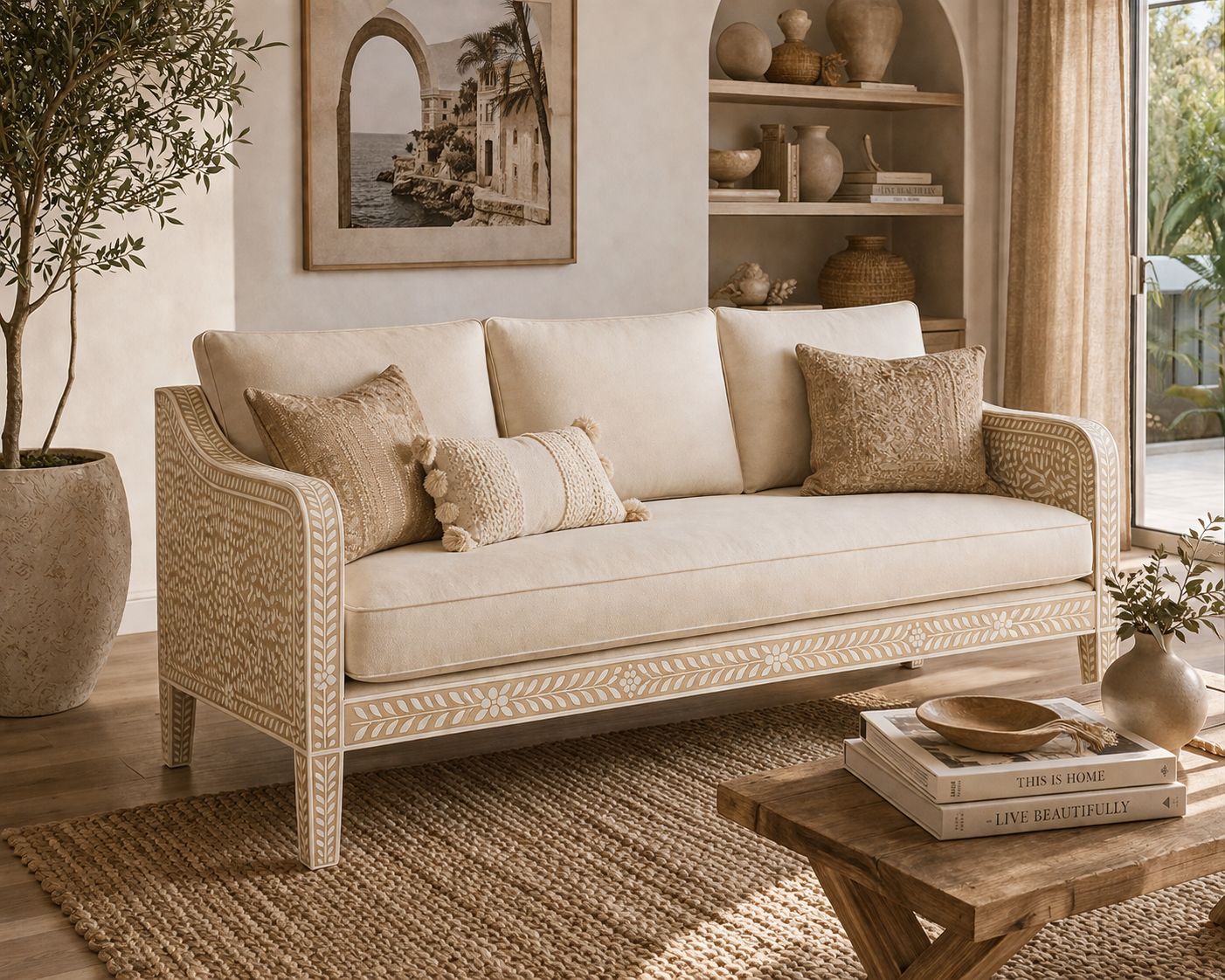 Bone Inlay Sofa : Floral : Natural