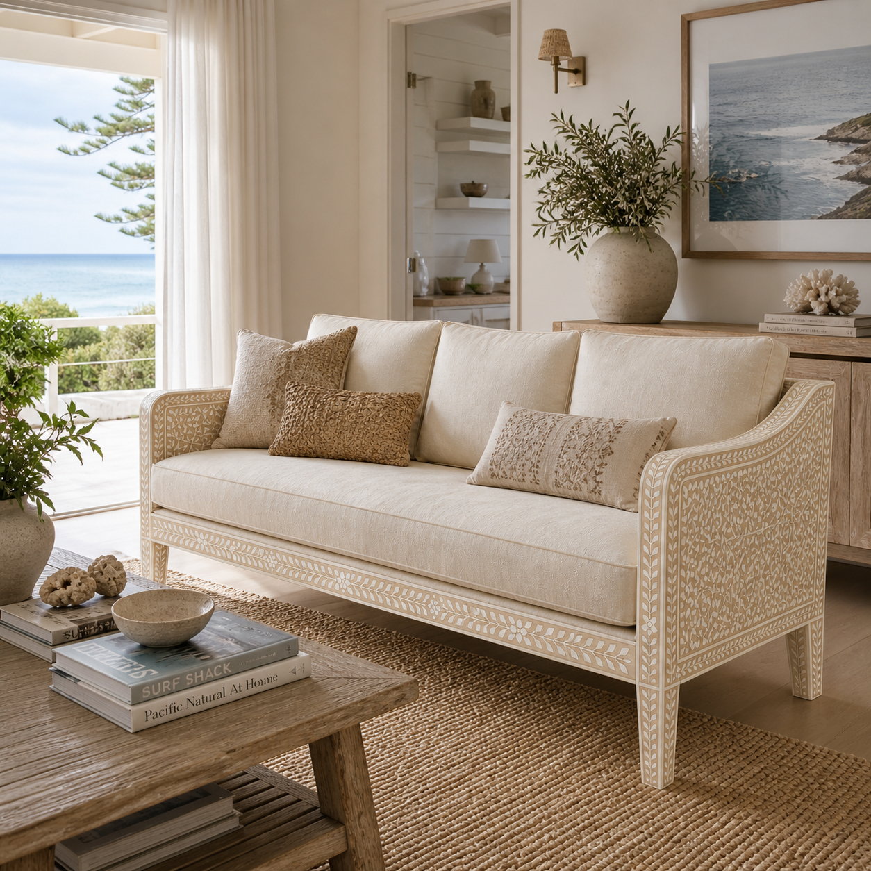 Bone Inlay Sofa : Floral : Natural