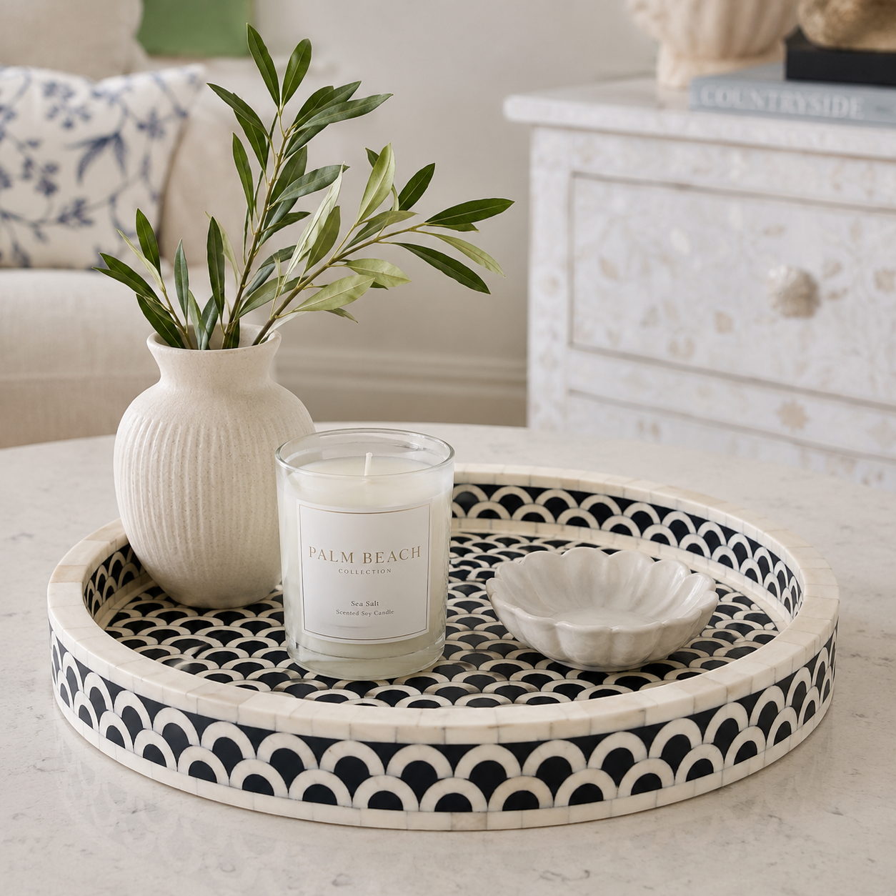 Bone Inlay Round Tray : Scallop : Encore Blue
