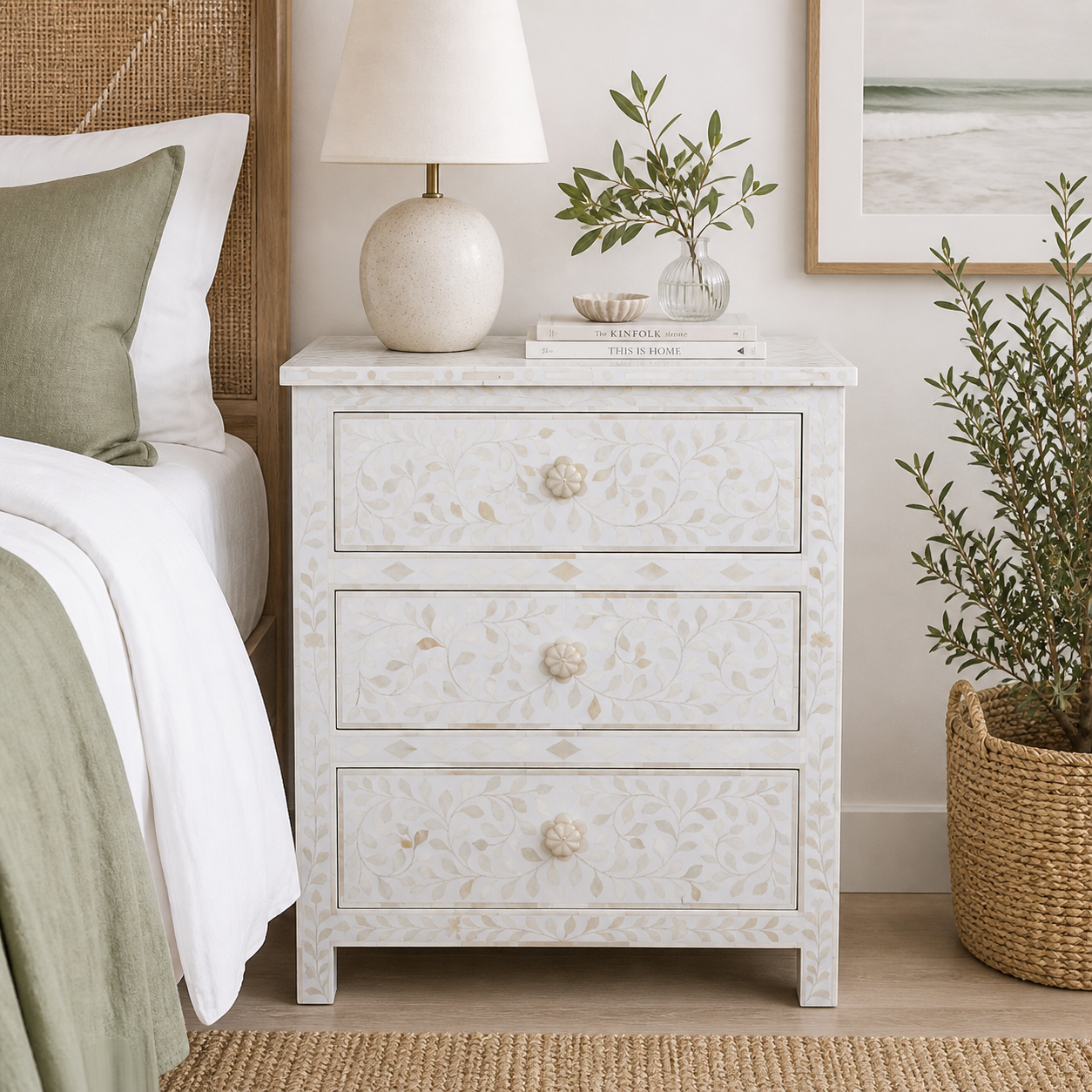 Bone Inlay 3 Drawer Bedside : Floral : White