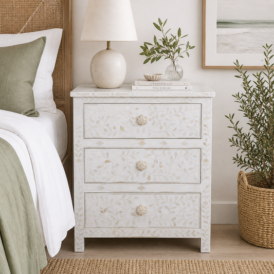Bone Inlay 3 Drawer Bedside : Floral : White