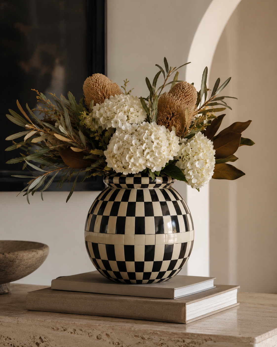 Bone Inlay Vase : Checkered : Black