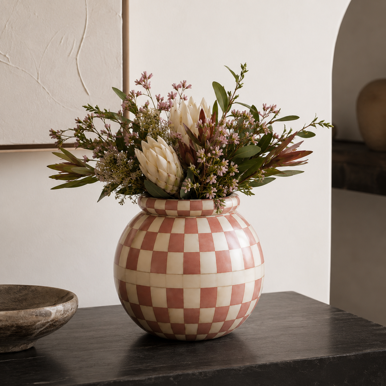 Bone Inlay Vase : Checkered : Clay