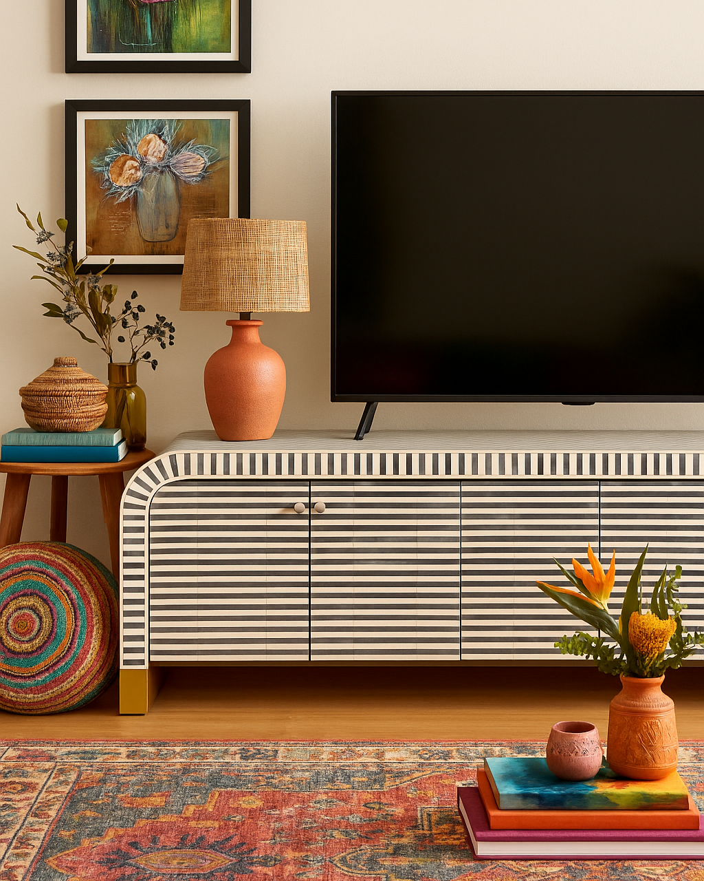 Bone Inlay Waterfall TV Sideboard : Stripe : Grey
