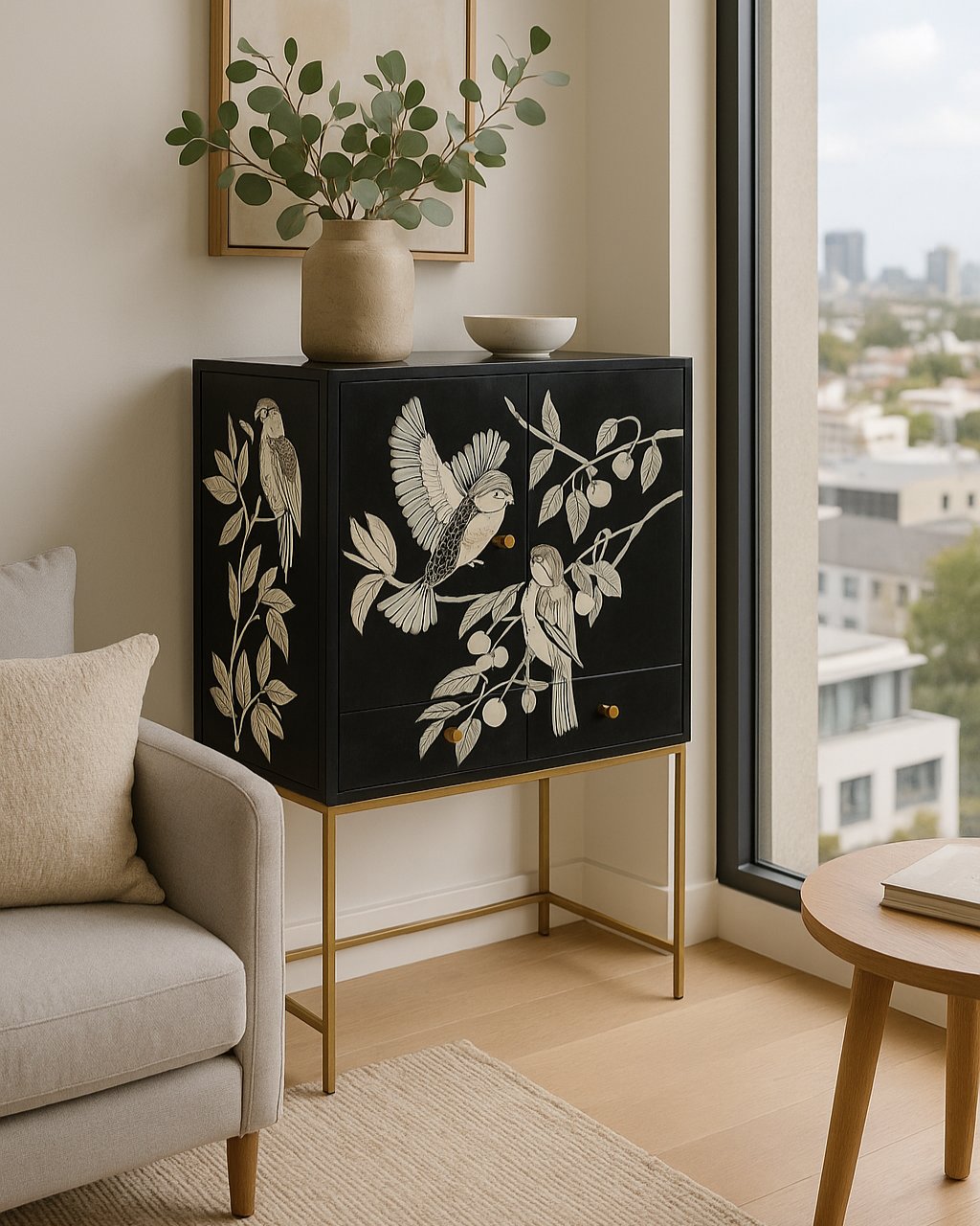 Bone Inlay Bar Cabinet : Birds