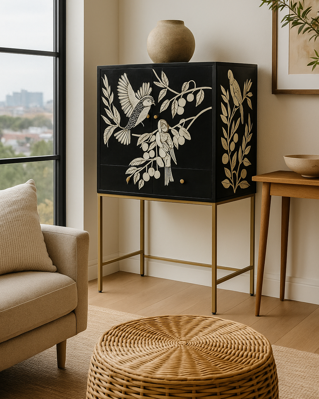 Bone Inlay Bar Cabinet : Birds