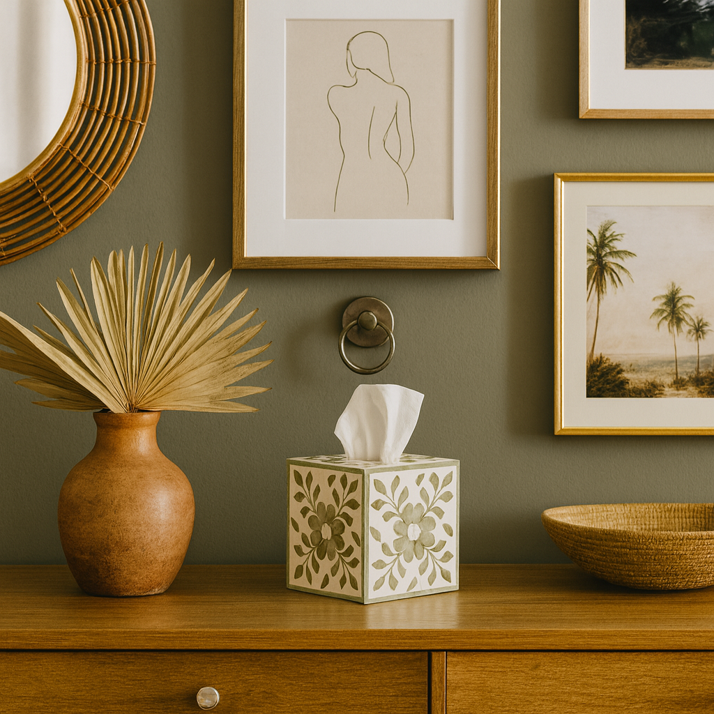 Mother of Pearl Inlay Tissue Holder : Floral : White : Small