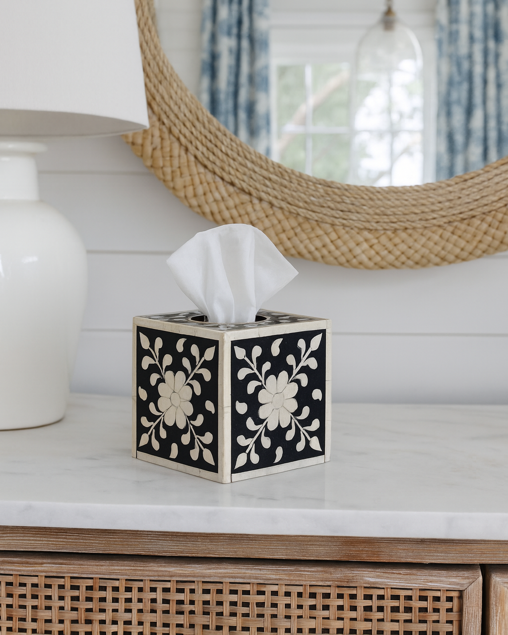Bone Inlay Tissue Holder : Floral : Black : Small