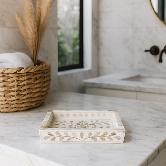 Mother of Pearl Inlay Mini Tray : Floral : White