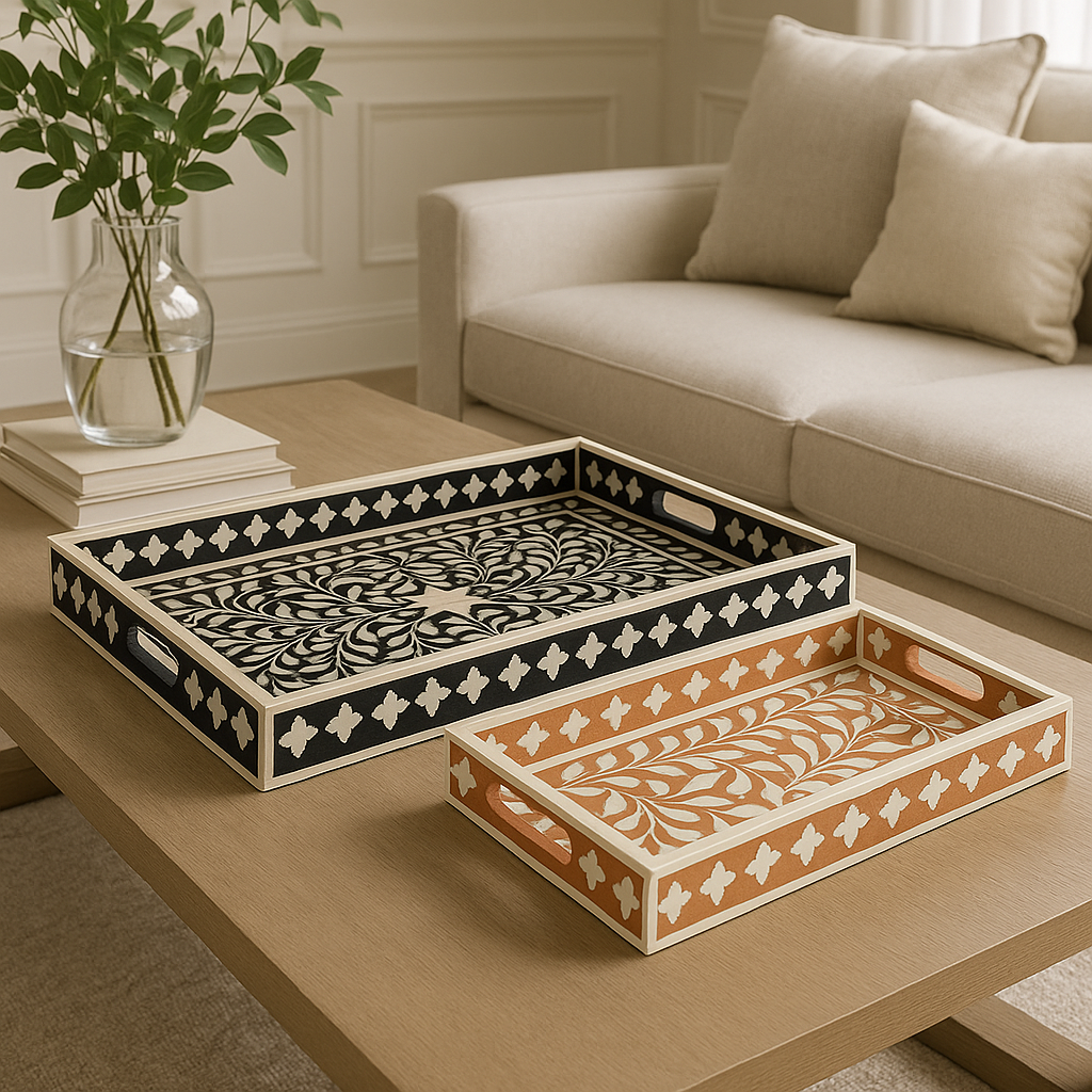 Bone Inlay Rectangular Tray : Floral : Orange