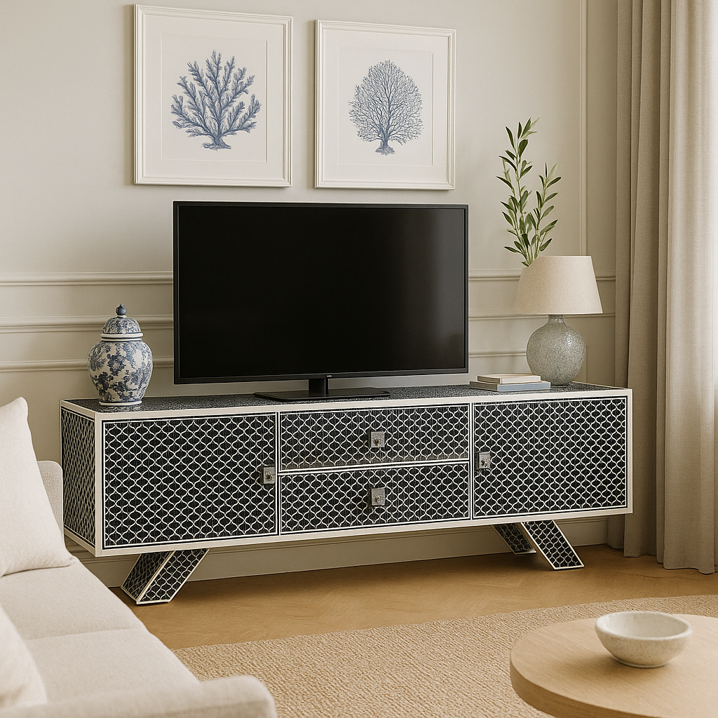 Modern living room with a decorative TV stand, television, and decor items.