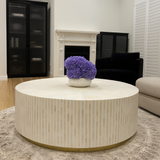 Bone Inlay Round Coffee Table : Stripe : White