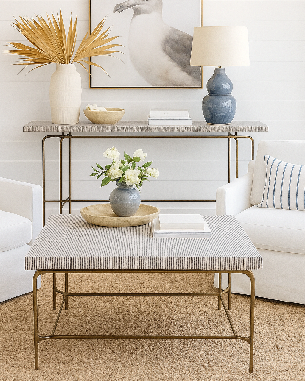 Bone Inlay Console wtih Antique Brass Legs : Pinstripe : Charcoal