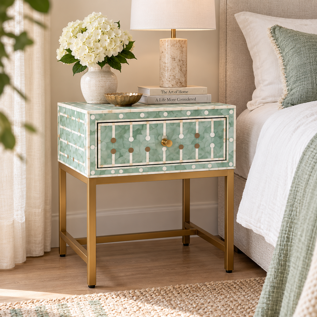 Bone & Brass Inlay Bedside : Mint