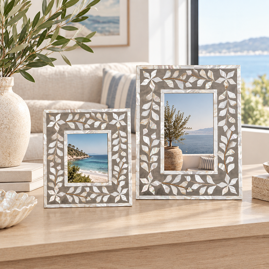 Mother of Pearl Inlay Picture Frame : Floral : Grey