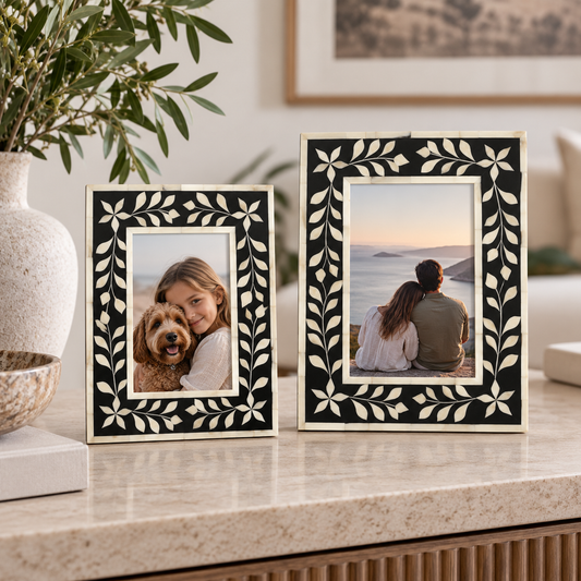 Bone Inlay Photo Frame : Floral : Black