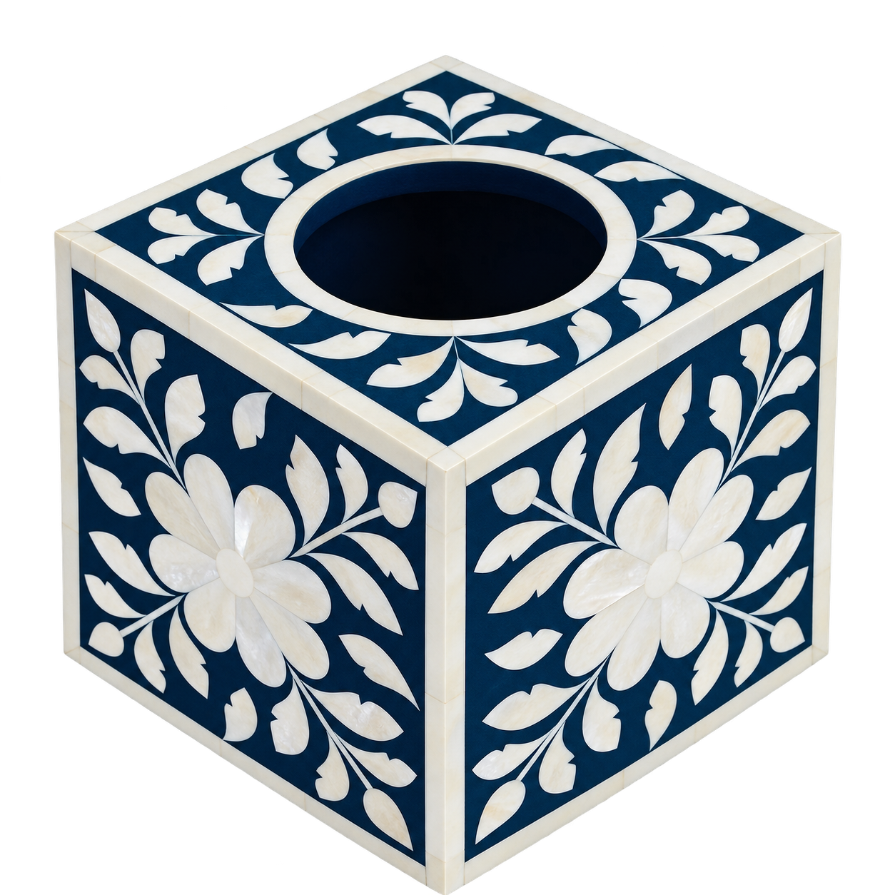 Bone Inlay Tissue Holder : Floral : Navy : Small