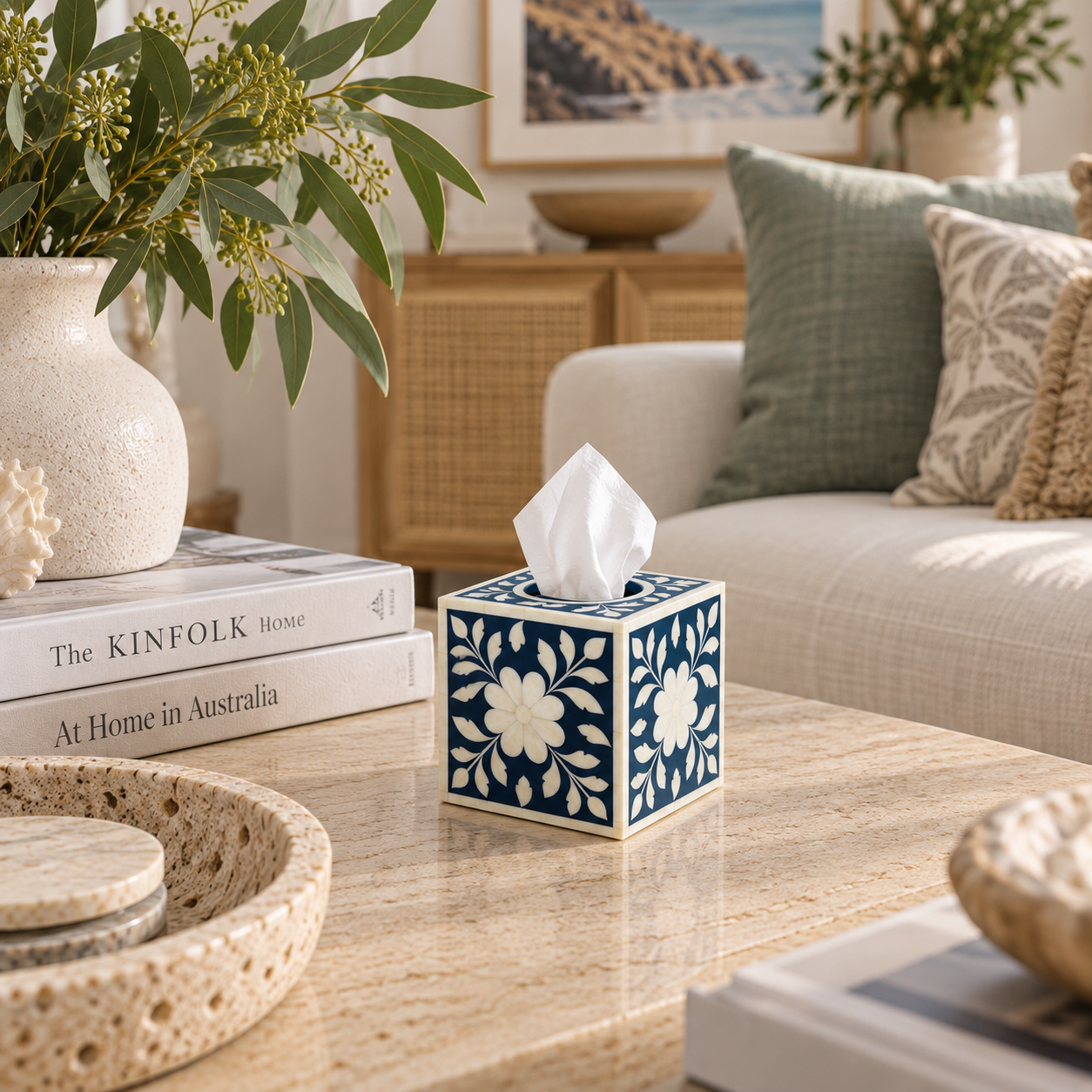 Bone Inlay Tissue Holder : Floral : Navy : Small