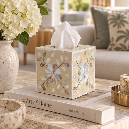 Mother of Pearl Inlay Small Tissue Holder : Floral : Sand