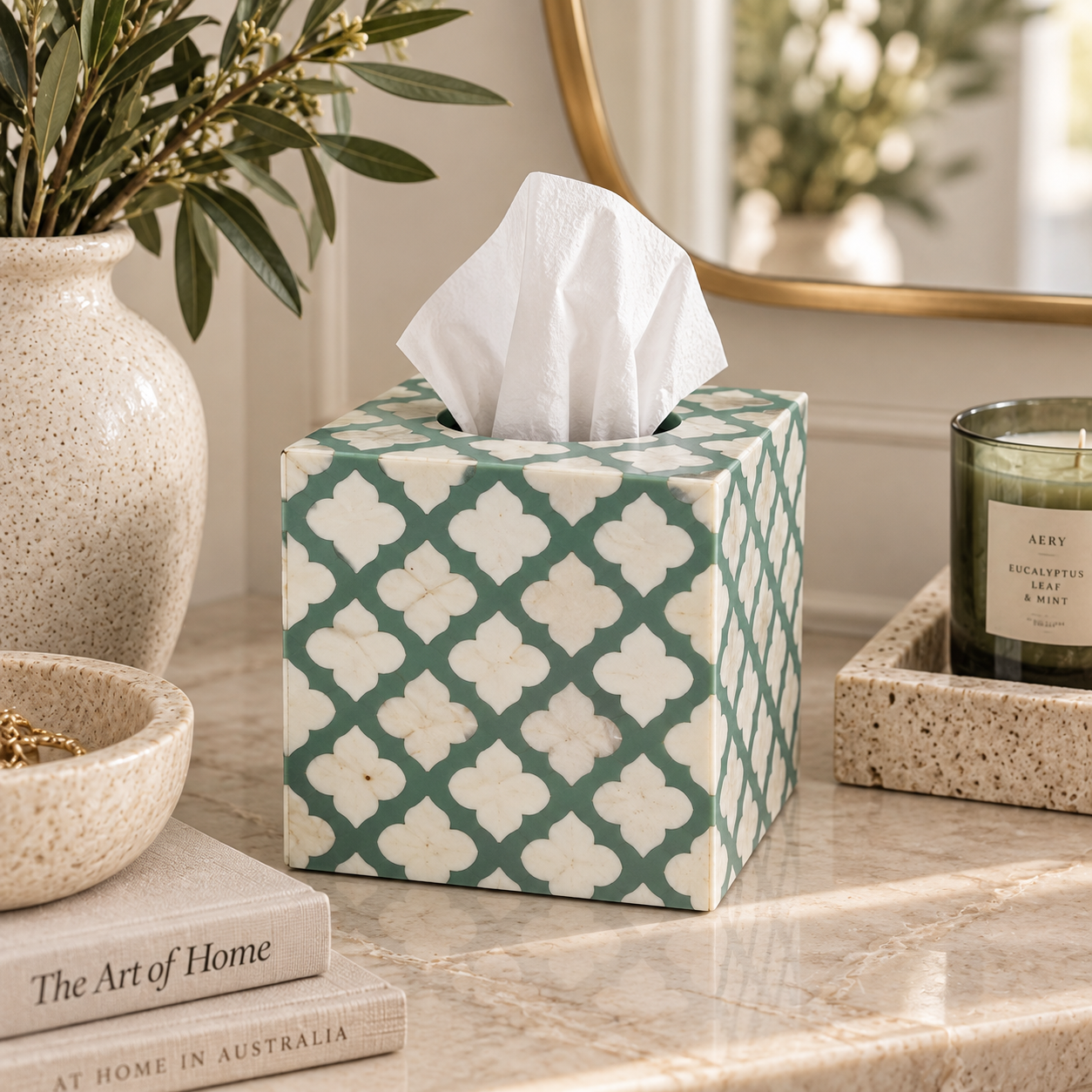 Bone Inlay Small Tissue Holder : Quatrefoil : Green