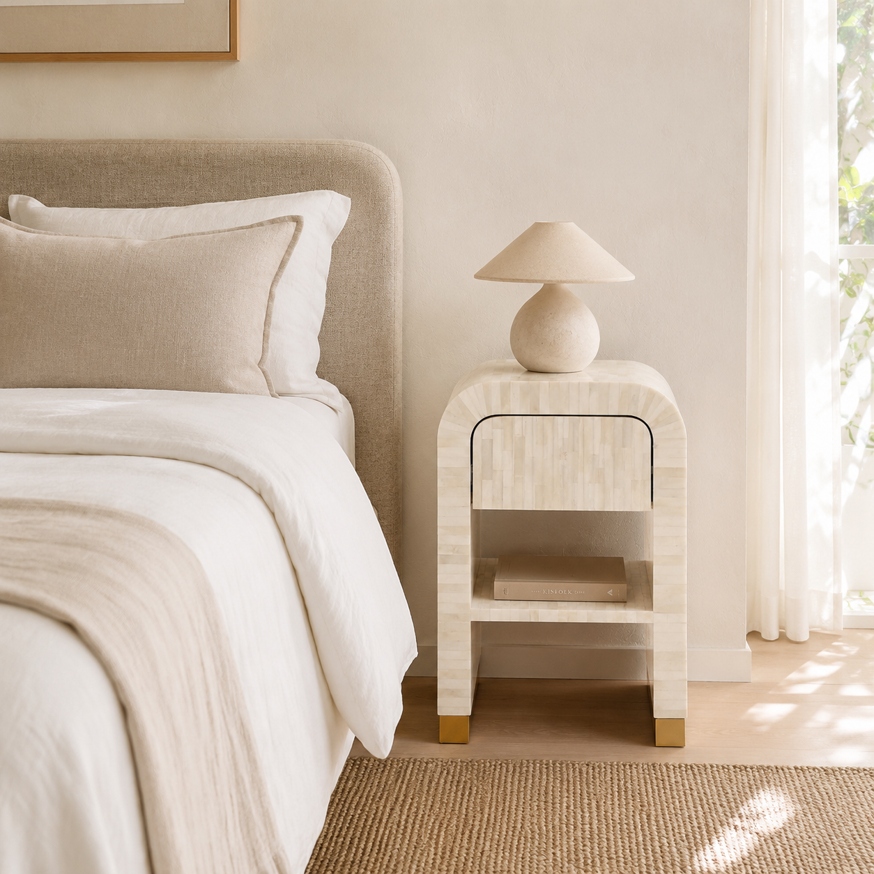 Bone Inlay Waterfall Side Table : Stripe : White