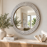 Bone Inlay Round Mirror : Herringbone : Grey