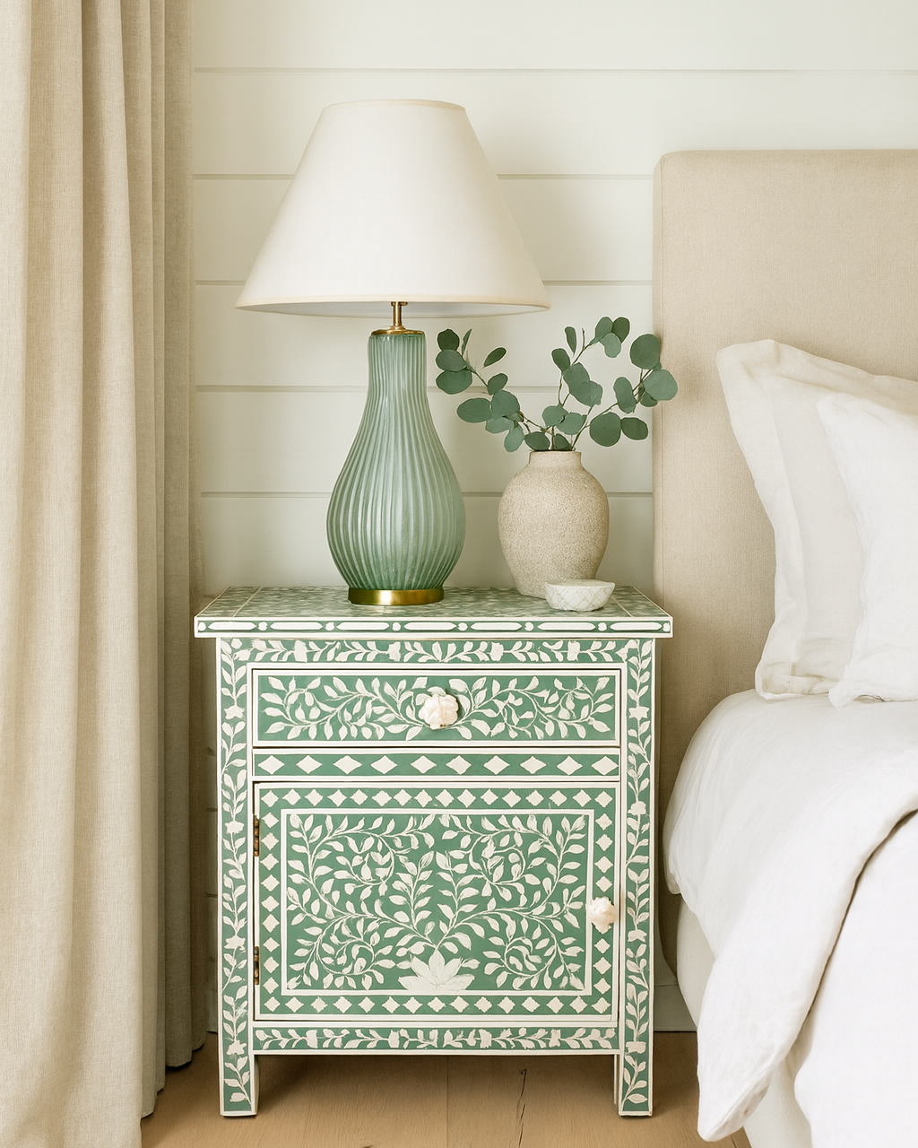 Bone Inlay Large Bedside Cabinet : Floral : Sage