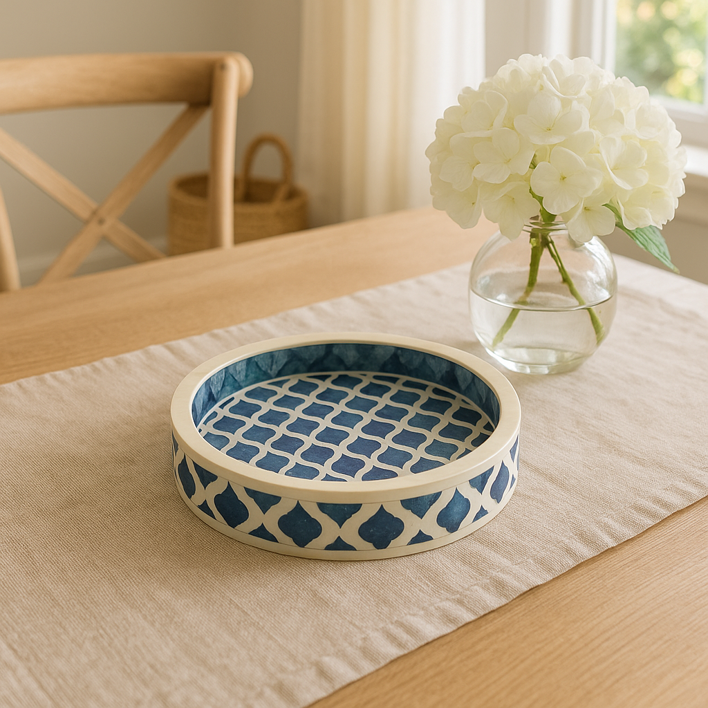 Dyed Bone Inlay Round Tray : Moroccan : Blue