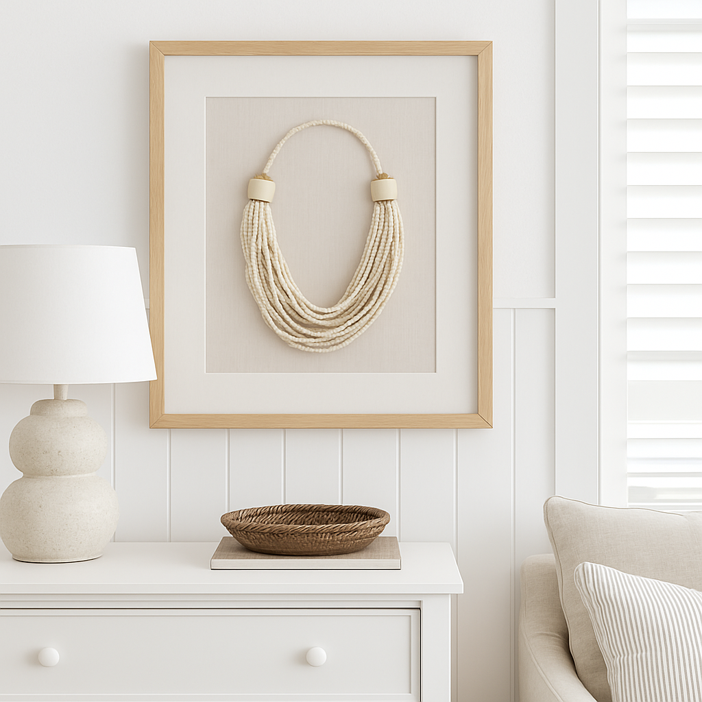Framed artwork of a woven necklace on a wall above a white cabinet with a lamp and basket.