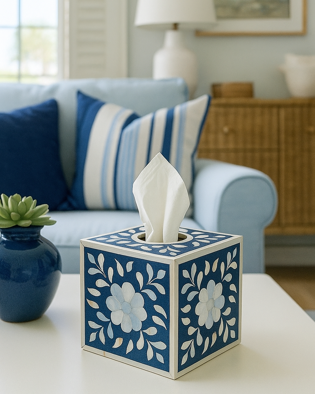 Bone Inlay Tissue Holder : Floral : Navy : Small