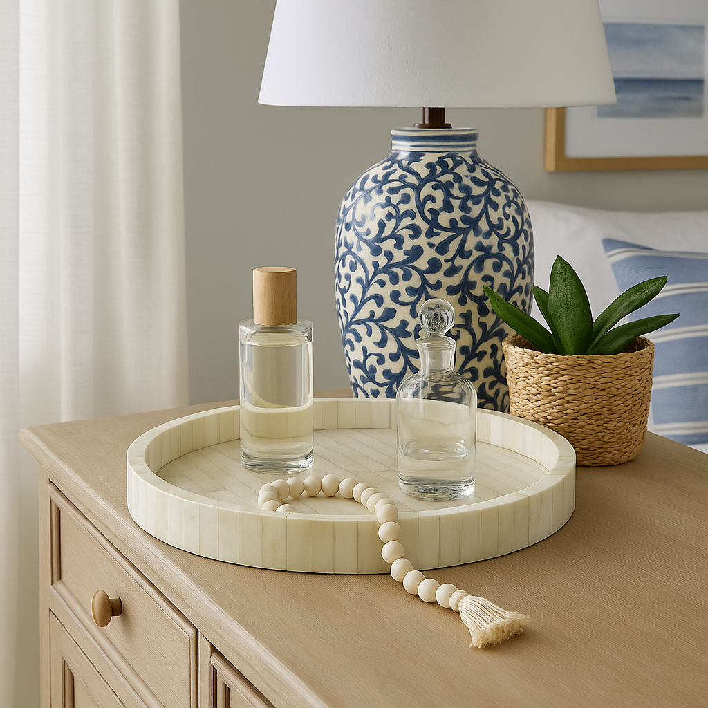 Decorative items on a wooden dresser including a blue and white lamp, glass bottles, a plant, and a beaded necklace.