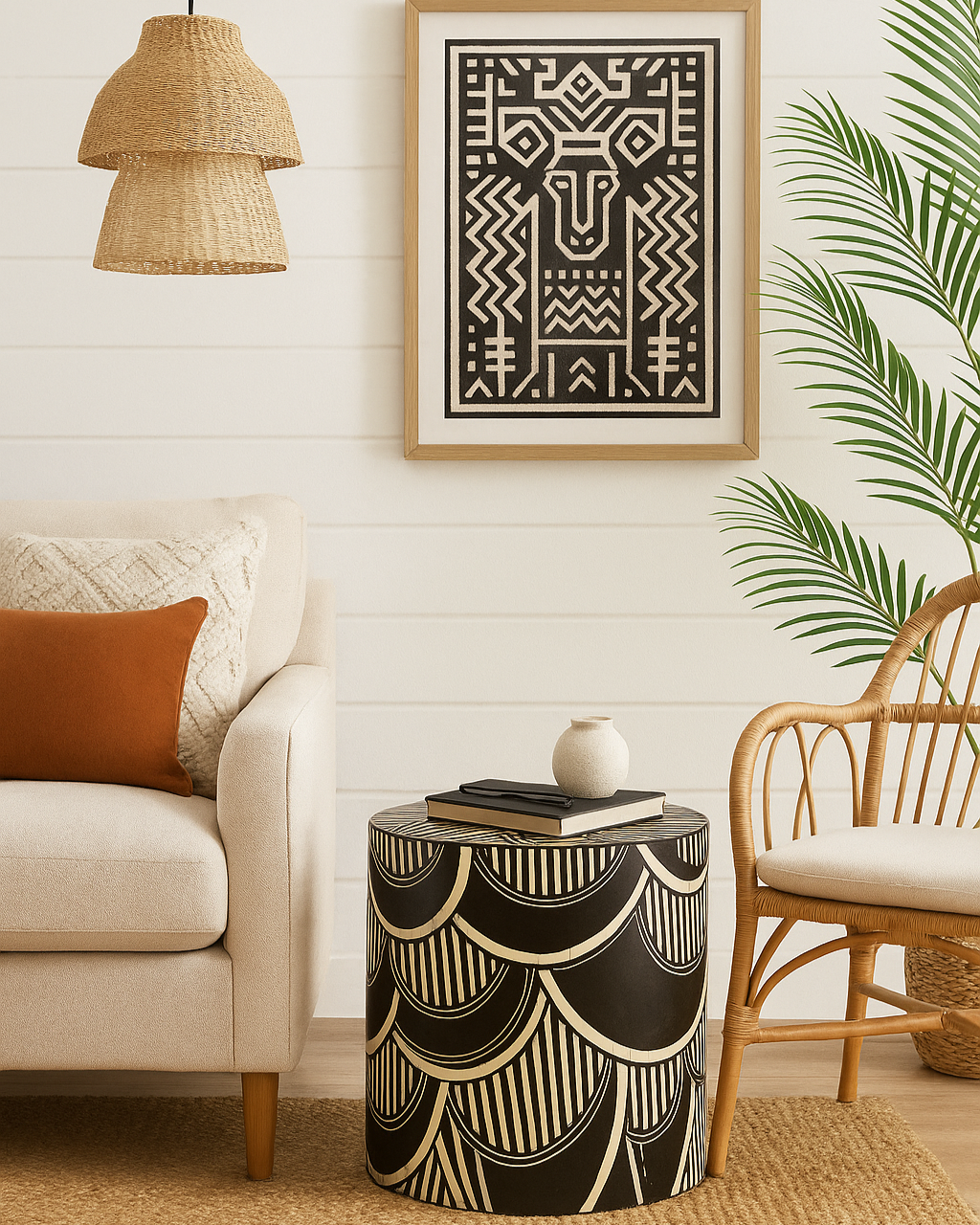Bone Inlay Side Table : Scalloped Stripe : Black