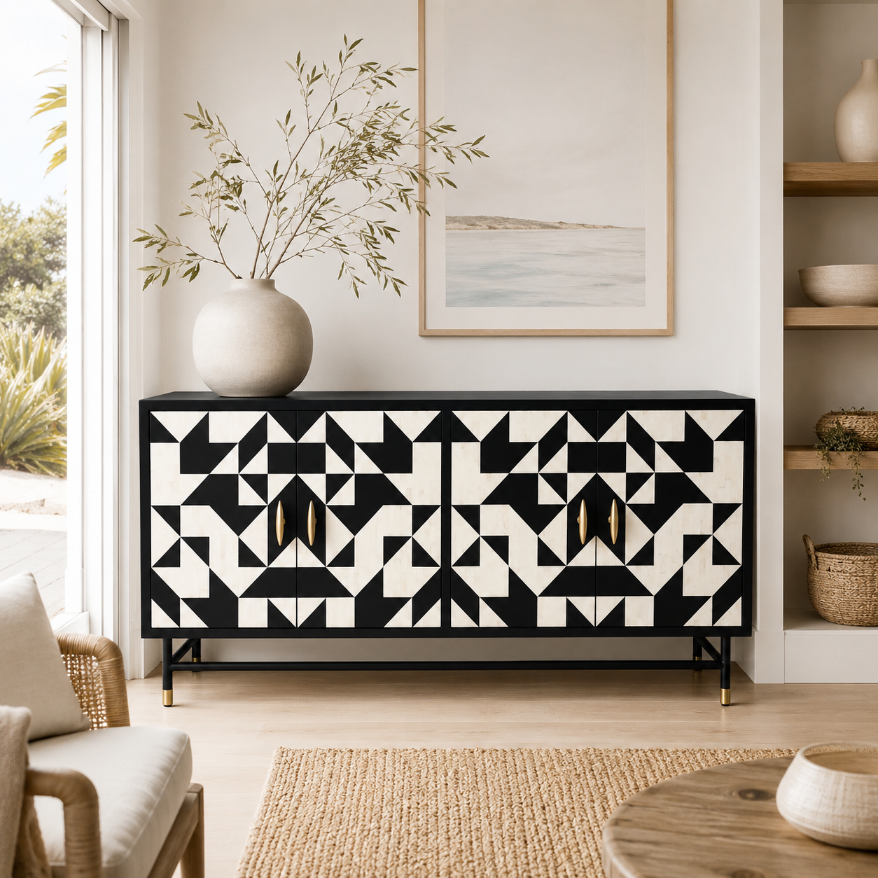 Bone Inlay 4 Door Buffet : Arrows : Black & White
