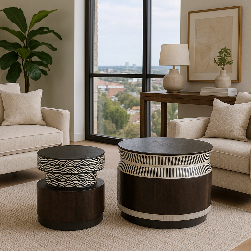 Bone Inlay Round Coffee Table : Charlston : Black