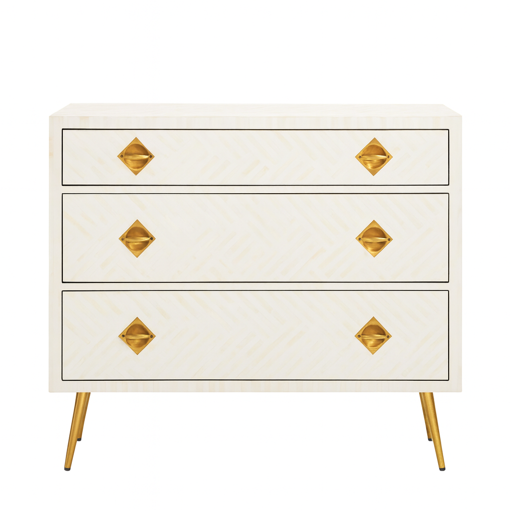 Bone Inlay 3 Drawer Chest : Criss Cross : White
