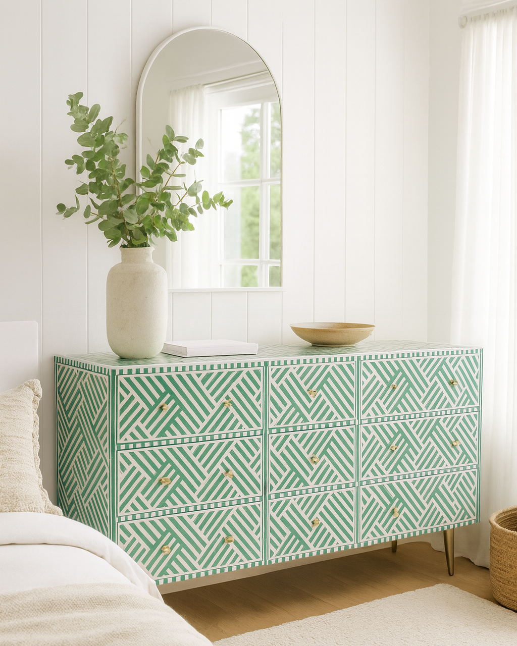 Bone Inlay 9 Drawer Sideboard : Criss Cross : Dark Green