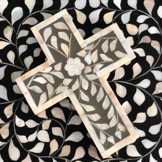 Imperfect Mother of Pearl Small Cross : Floral : Grey