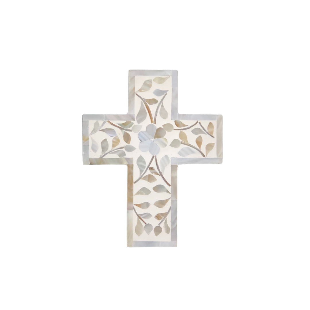 Mother of Pearl Small Cross : Floral : White